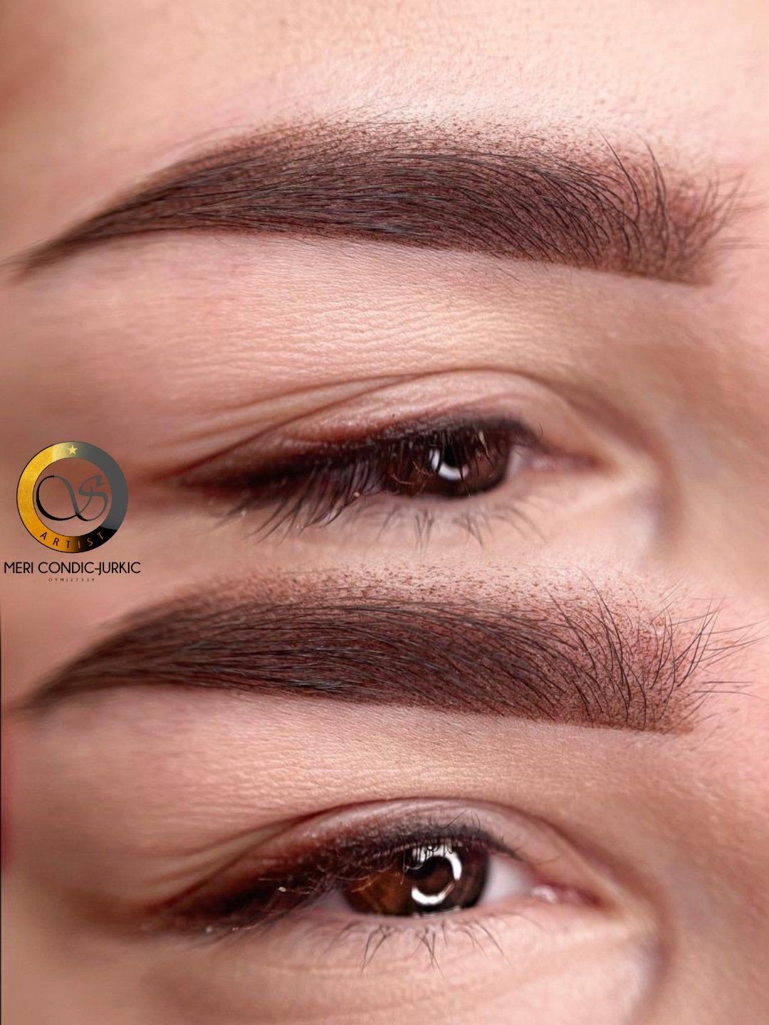 Eine Nahaufnahme des Auges einer Frau mit braunen Augenbrauen.