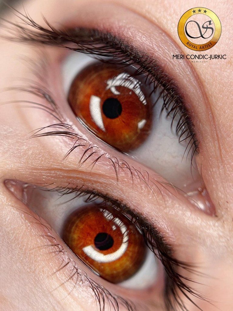 Eine Nahaufnahme der braunen Augen einer Frau mit langen Wimpern.