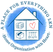 Blue house logo with shelves of folded towels, heart, box, and hangers, reading &ldquo;A Place for Everything LLC&rdquo; and &ldquo;Home Organization with Heart&rdquo;