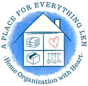Blue house logo with shelves of folded towels, heart, box, and hangers, reading &ldquo;A Place for Everything LLC&rdquo; and &ldquo;Home Organization with Heart&rdquo;