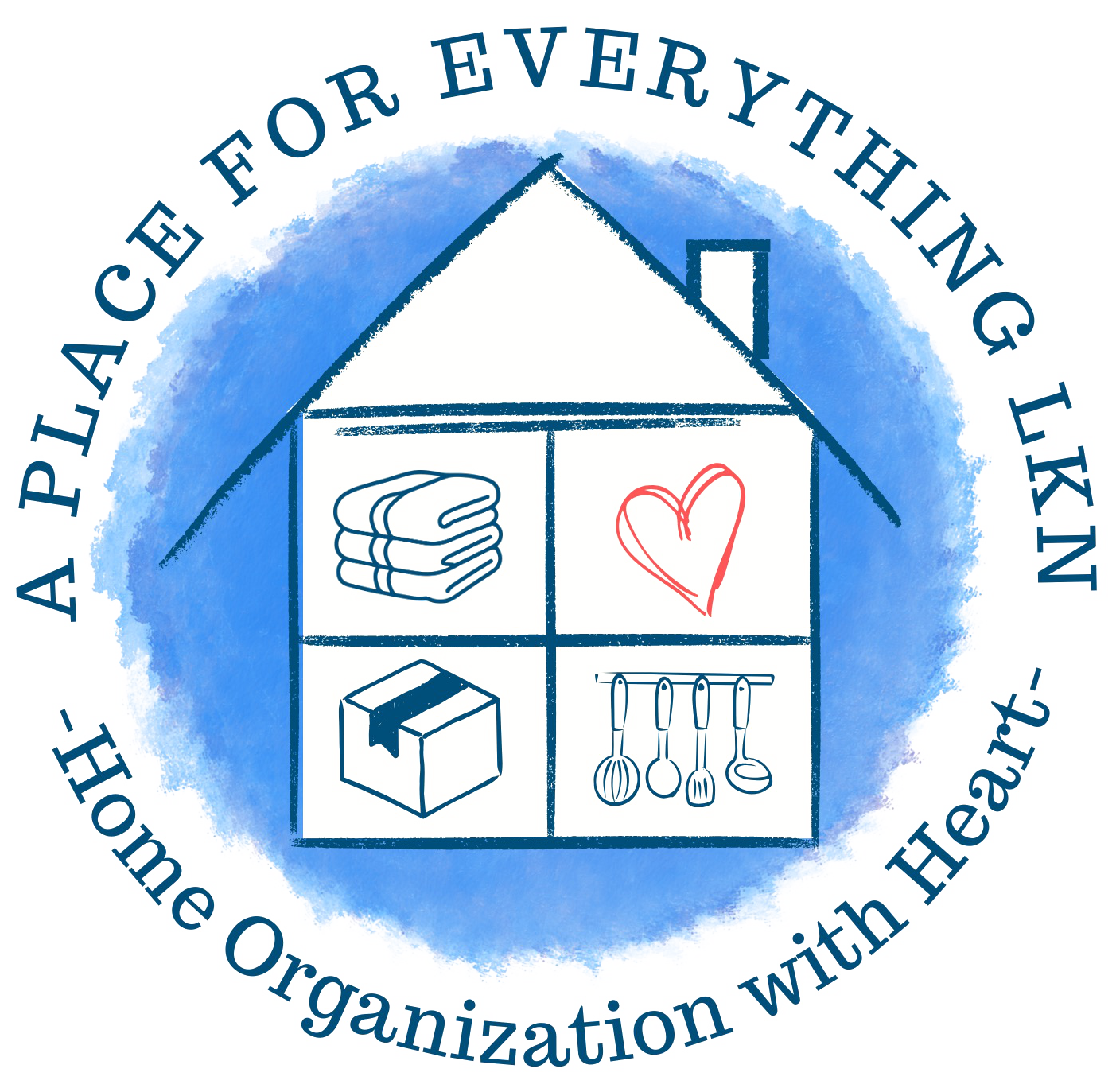 Blue house logo with shelves of folded towels, heart, box, and hangers, reading &ldquo;A Place for Everything LLC&rdquo; and &ldquo;Home Organization with Heart&rdquo;
