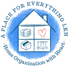 Blue house logo with shelves of folded towels, heart, box, and hangers, reading &ldquo;A Place for Everything LLC&rdquo; and &ldquo;Home Organization with Heart&rdquo;