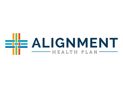Alignment Health Plan logo: a cross symbol in blue, orange, green, and a dark blue text on a white background.