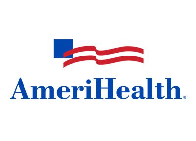 AmeriHealth logo: blue square, red and white stripes, blue text.