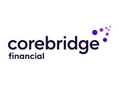 Corebridge Financial logo: dark blue text, purple dot cluster, white background.