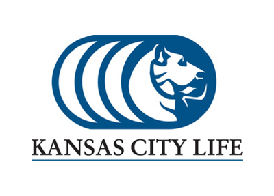 Logo of Kansas City Life: blue oval with stylized dog head, text 