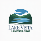 Lake Vista Landscaping logo with blue and green mountains, lake, and trees