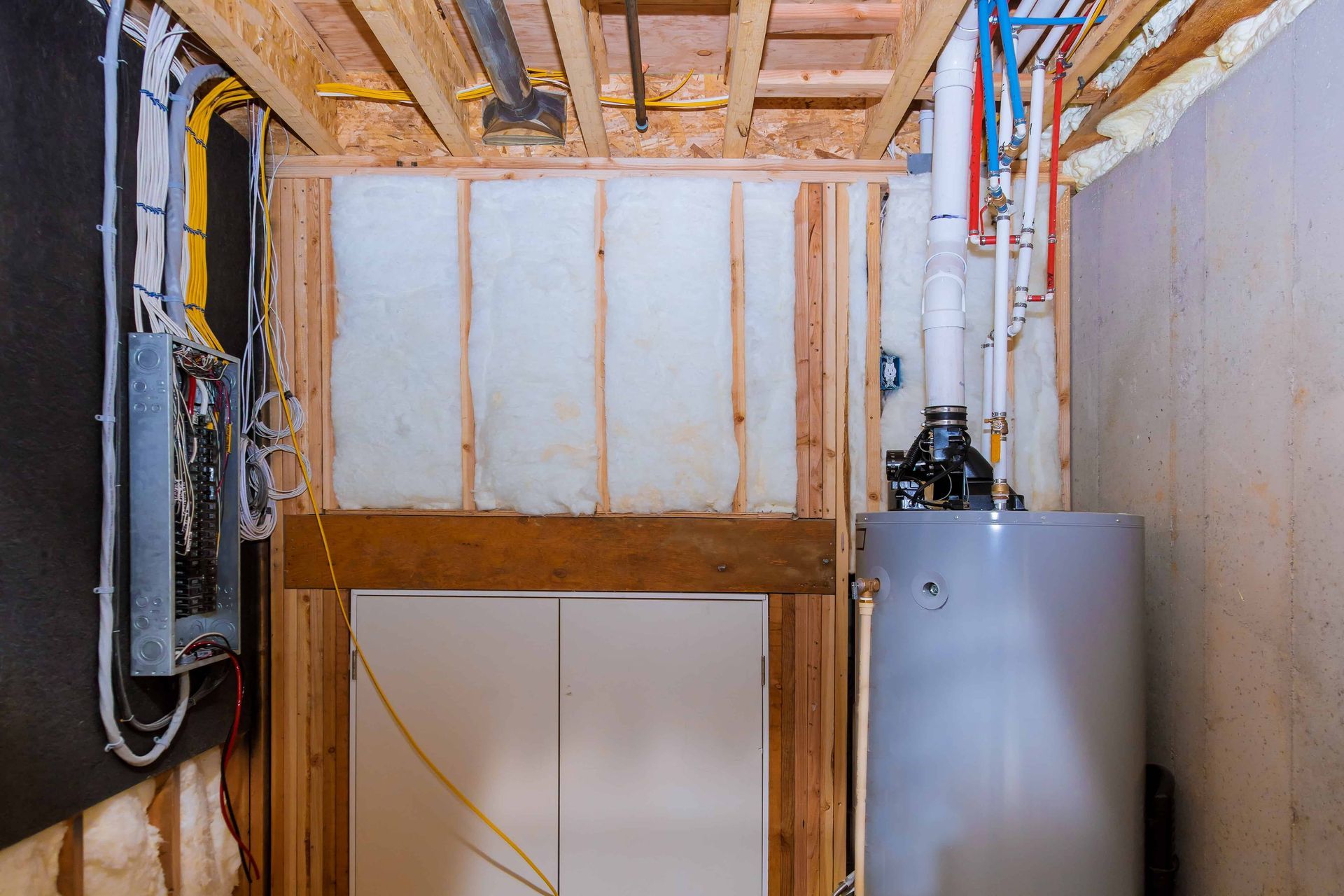 A basement with a heater and pipes in it.