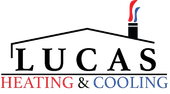 The logo for lucas heating and cooling shows a house with a chimney on the roof.