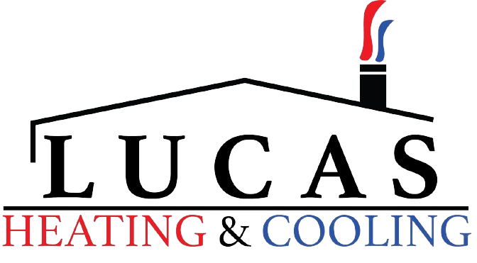 The logo for lucas heating and cooling shows a house with a chimney on the roof.