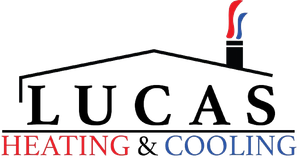 The logo for lucas heating and cooling shows a house with a chimney on the roof.