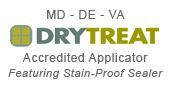 A logo for dry treat , an accredited applicator featuring stain-proof sealer.