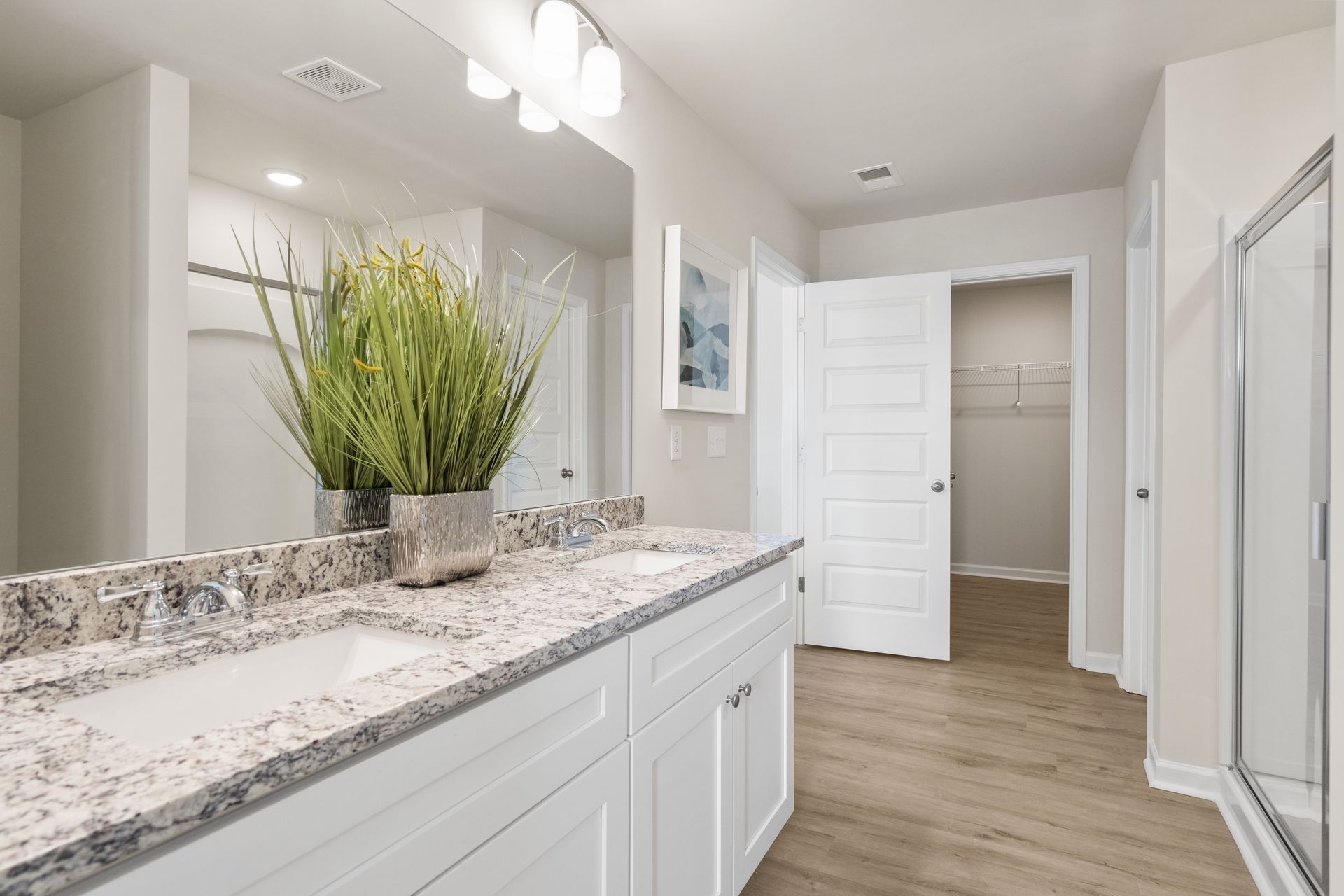 A bathroom with a sink , mirror and walk in closet.