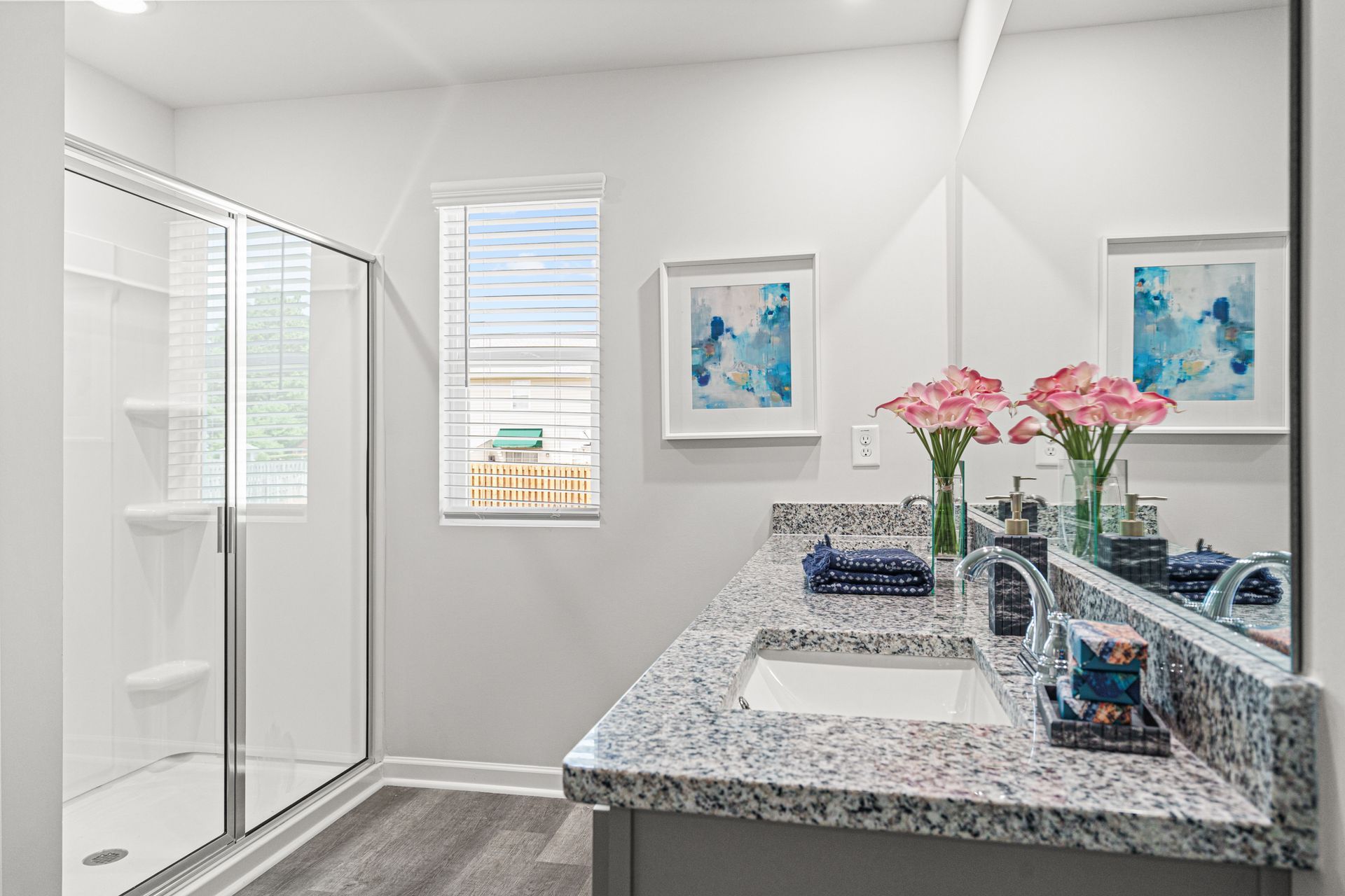 A bathroom with a sink , mirror and walk in shower.