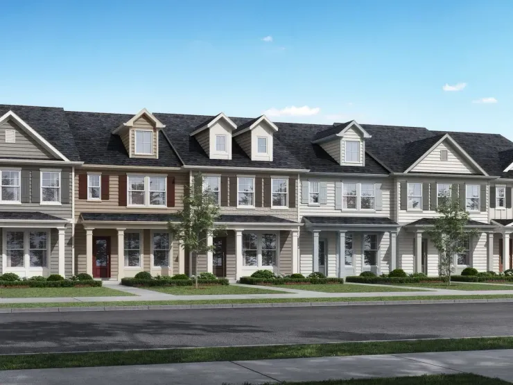 An artist 's impression of a row of houses on a residential street.