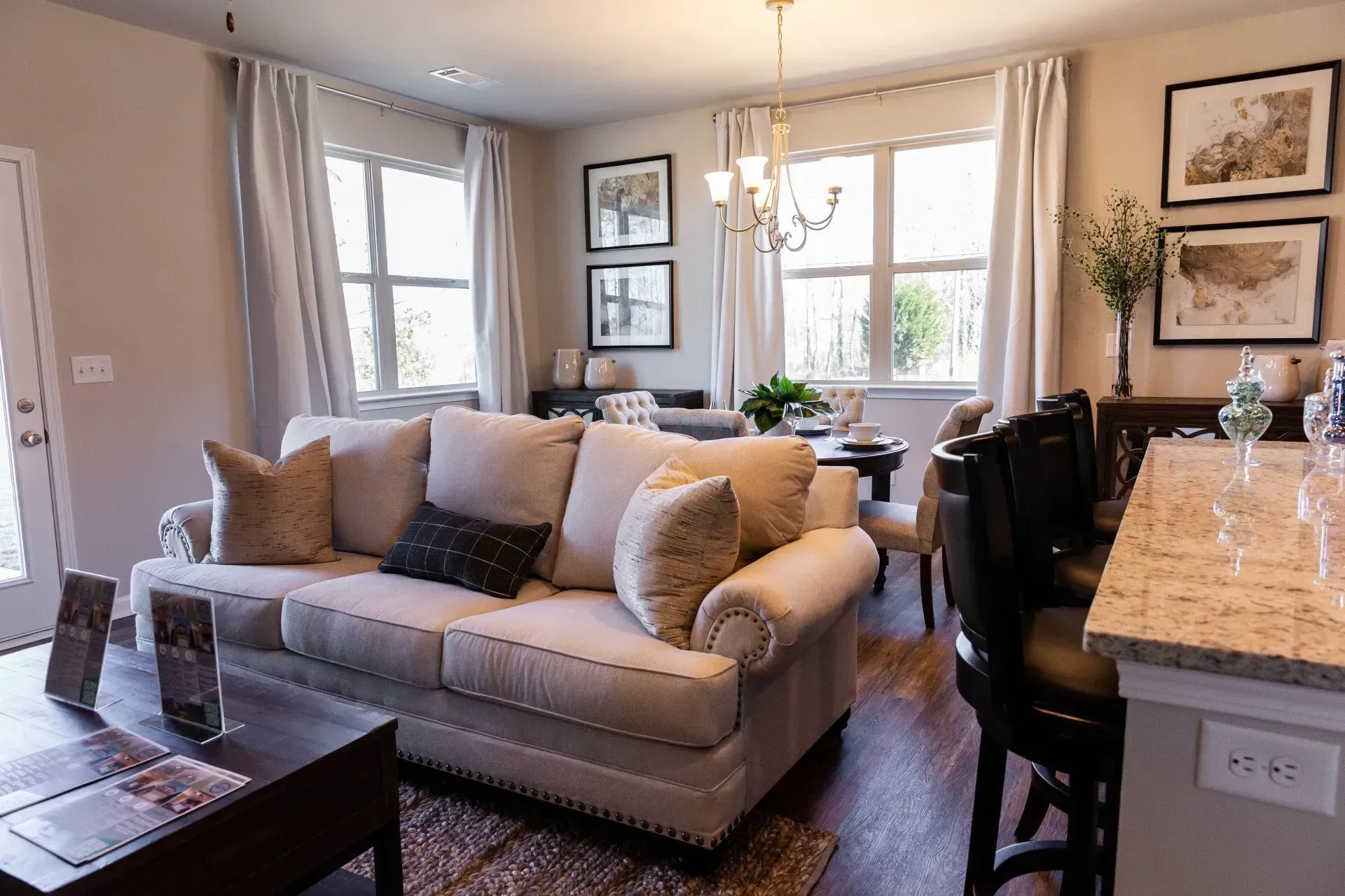 A living room with a couch and a coffee table