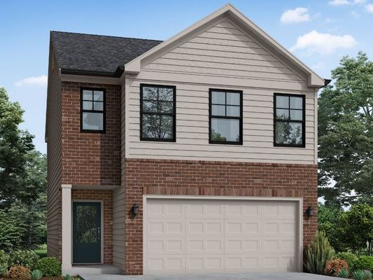 An artist 's impression of a brick house with a white garage door.