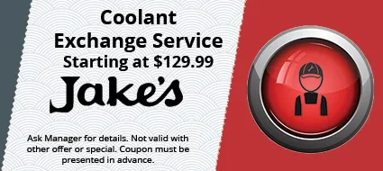 Advertisement for Jake's Coolant Exchange Service, starting at $129.99, with a mechanic icon.