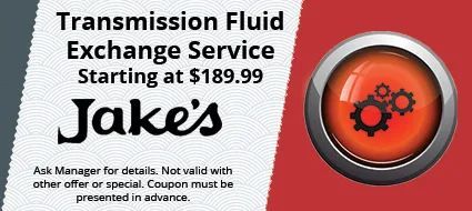 Coupon for transmission fluid exchange service at Jake's, starting at $189.99. Red and gray design with gears.
