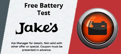 A sign for a free battery test at jake 's