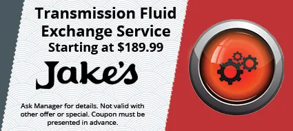 a coupon that says transmission fluid exchange service starting at $ 189.99 at jake 's