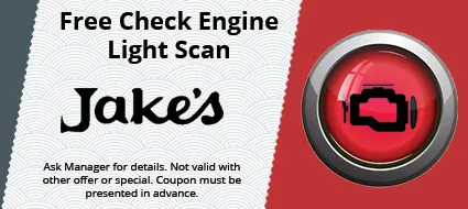 Coupon for a free check engine light scan at Jake's, with an engine light icon on a red background.