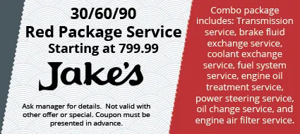 Jake's 30/60/90 Red Package service coupon for $799.99, listing included maintenance services for vehicles.