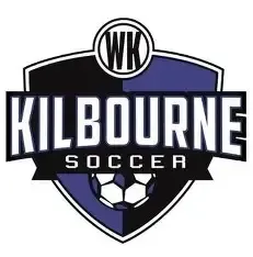 Kilbourne Soccer logo: Shield shape with purple and black sections, soccer ball, and