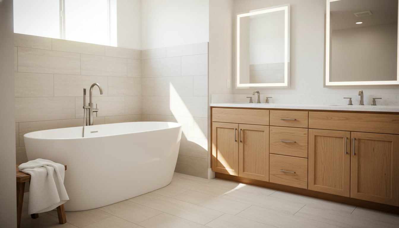 Modern bathroom with white tub, light wood vanity, and two illuminated mirrors.