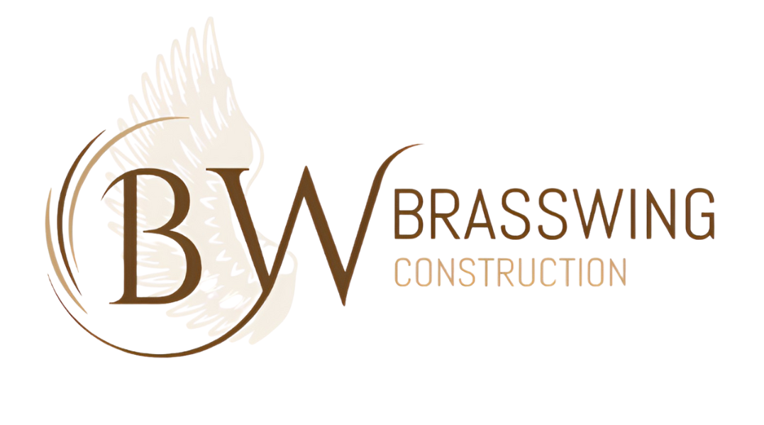 Brasswing Construction logo, silver letters on black and gold background with a blueprint image.