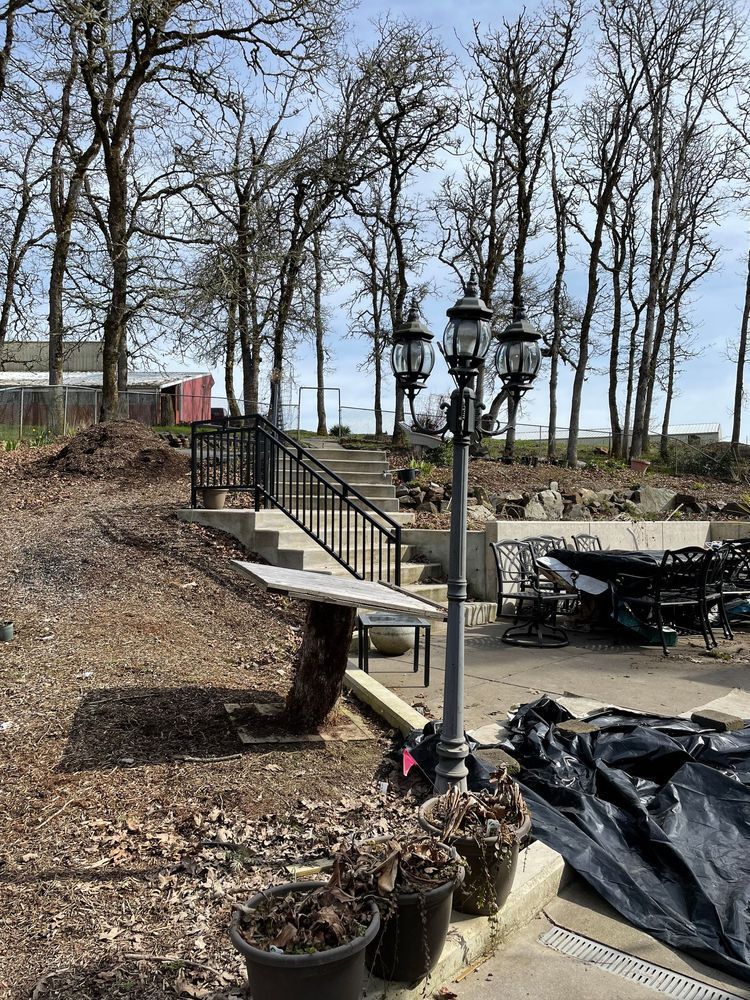 A staircase leading up to a house with trees in the background.