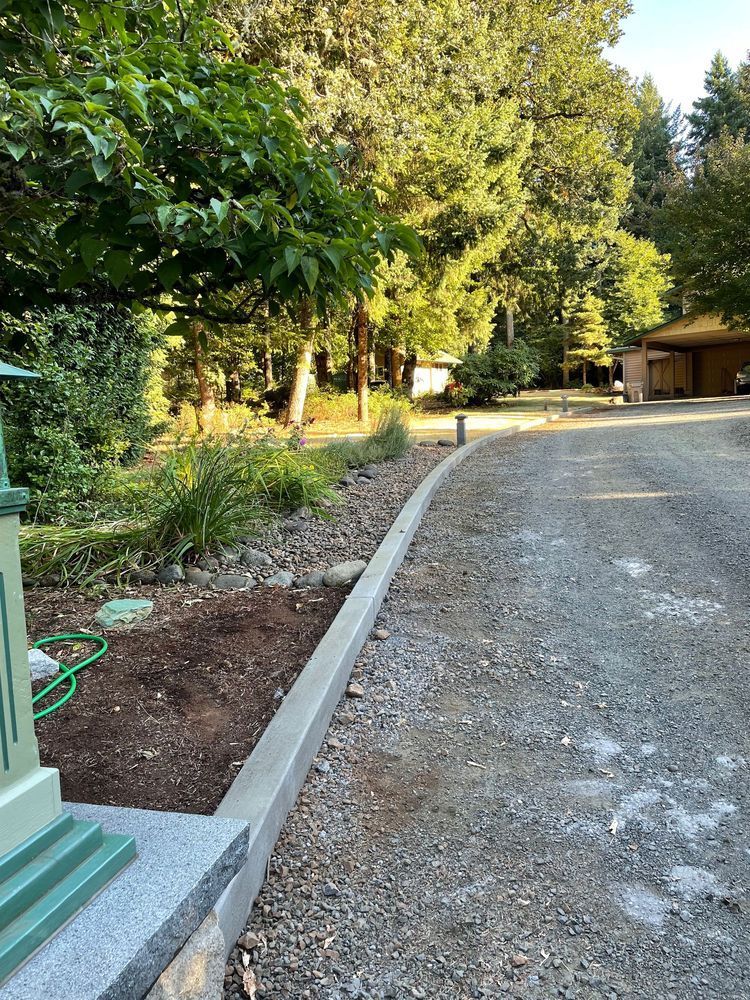 A gravel driveway leading to a house surrounded by trees.