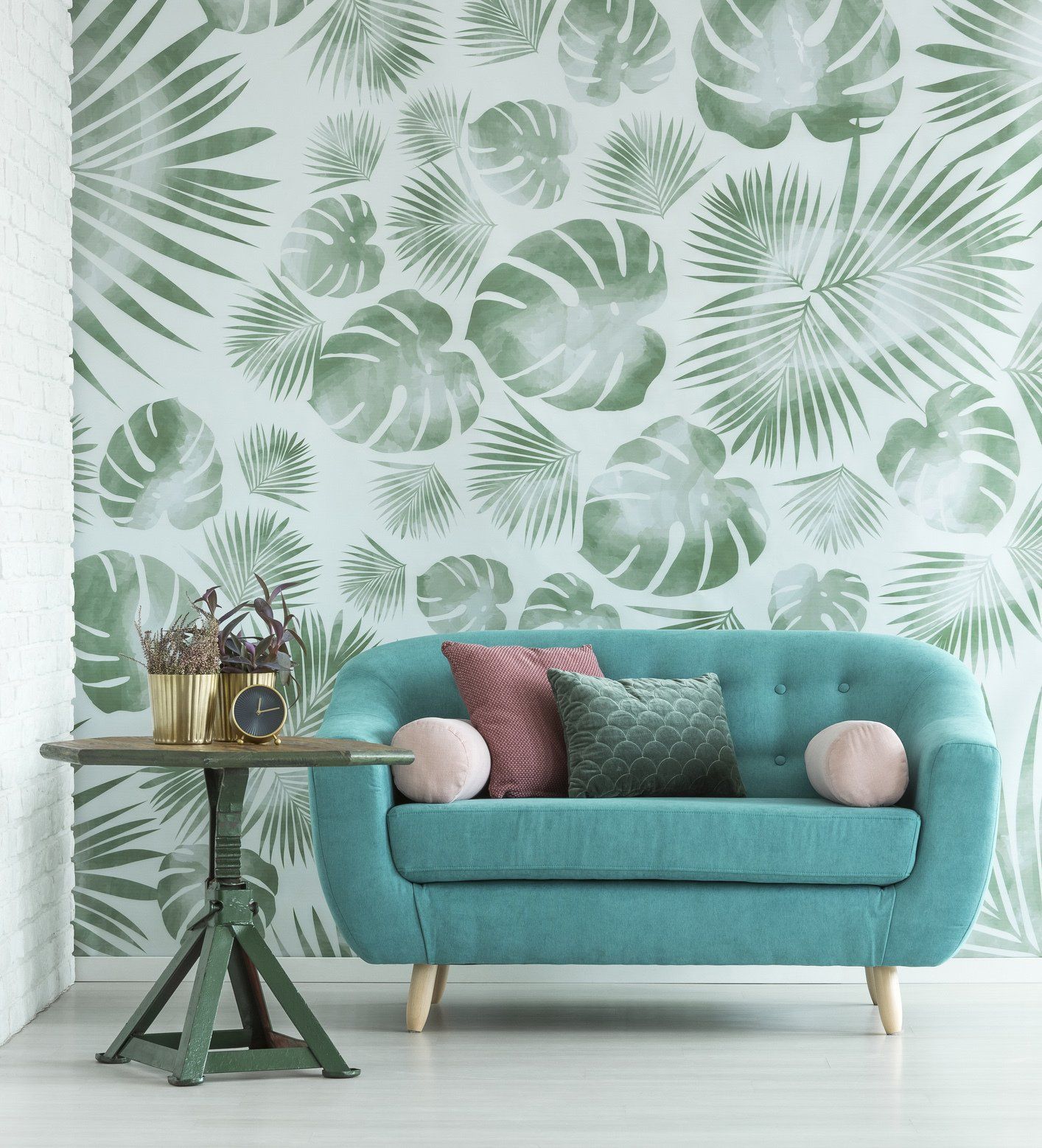 Turquoise Sofa with Leafy Wallpaper — Englewood, NJ — Jordan Painting LLC