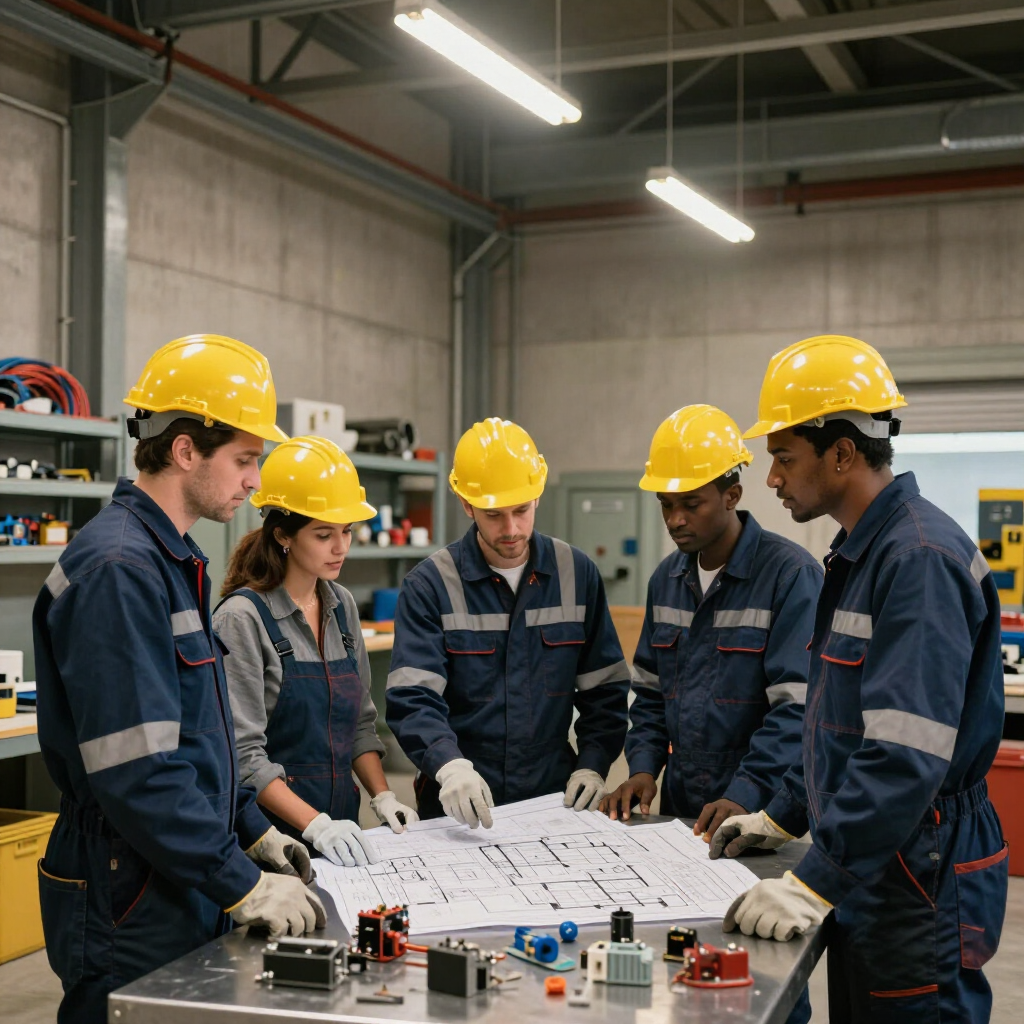 Cinco obreros de la construcción, con cascos amarillos y uniformes azules, están de pie alrededor de una mesa revisando los planos del edificio.