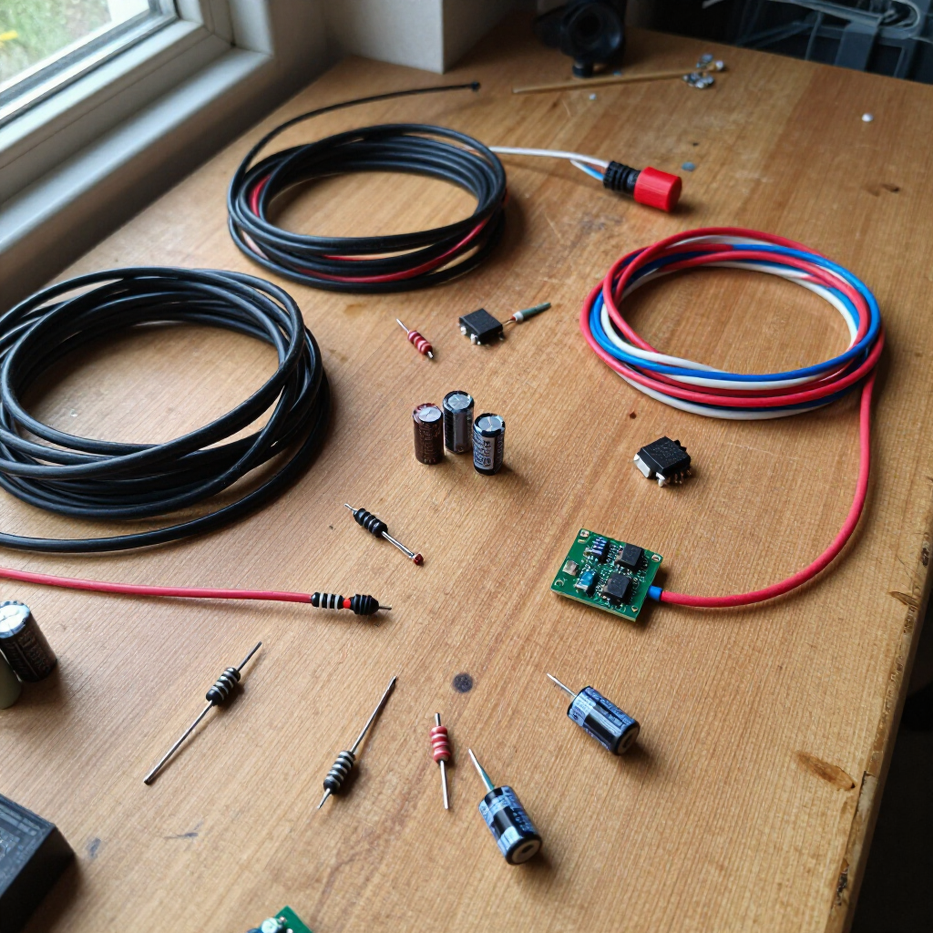 Componentes electrónicos, entre ellos condensadores, bobinas, cables y una pequeña placa de circuito impreso, dispuestos sobre una mesa de madera.