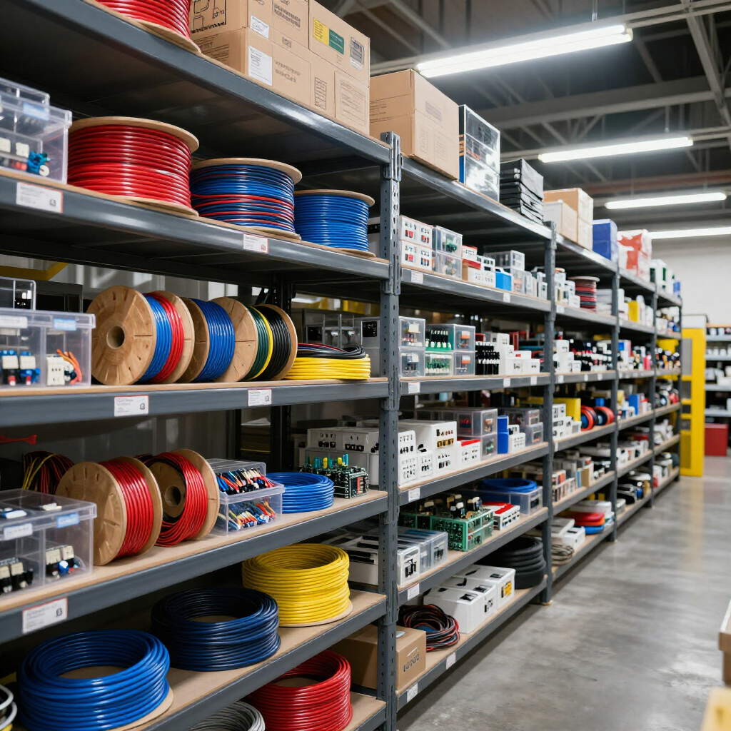 En un almacén, hay estanterías industriales repletas de cables enrollados de varios colores y componentes electrónicos organizados.