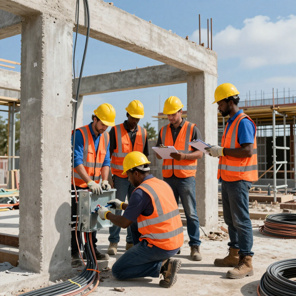 Cuatro obreros de la construcción, equipados con trajes de seguridad, instalan componentes eléctricos en una obra.