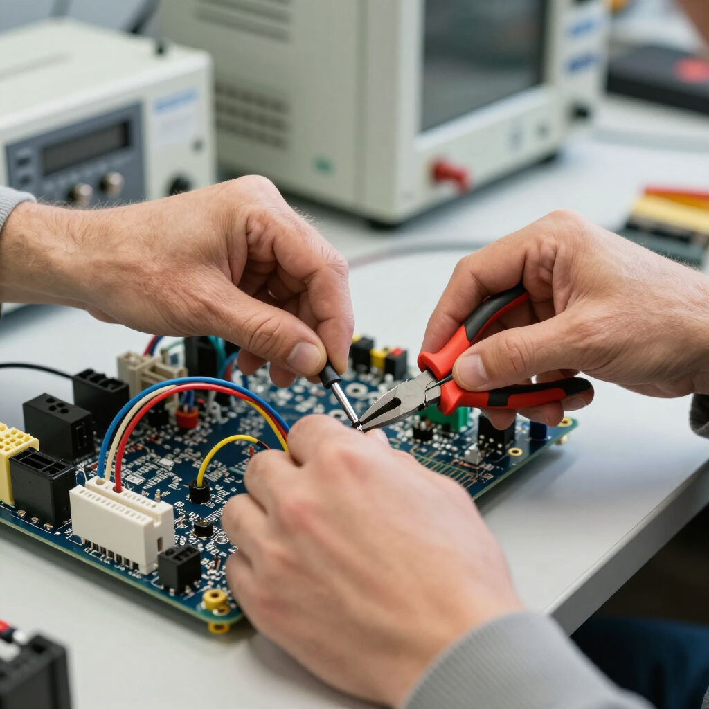 En un taller, se utilizan alicates de punta fina y una sonda para trabajar en una placa de circuito electrónico.