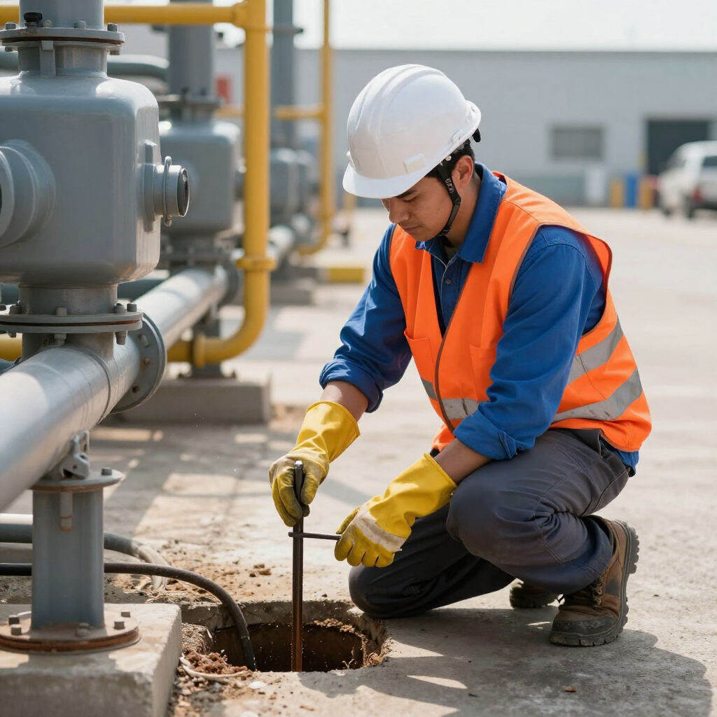 Un trabajador con chaleco reflectante y casco está arrodillado junto a una tubería mientras utiliza una herramienta para trabajar en una válvula a nivel del suelo.