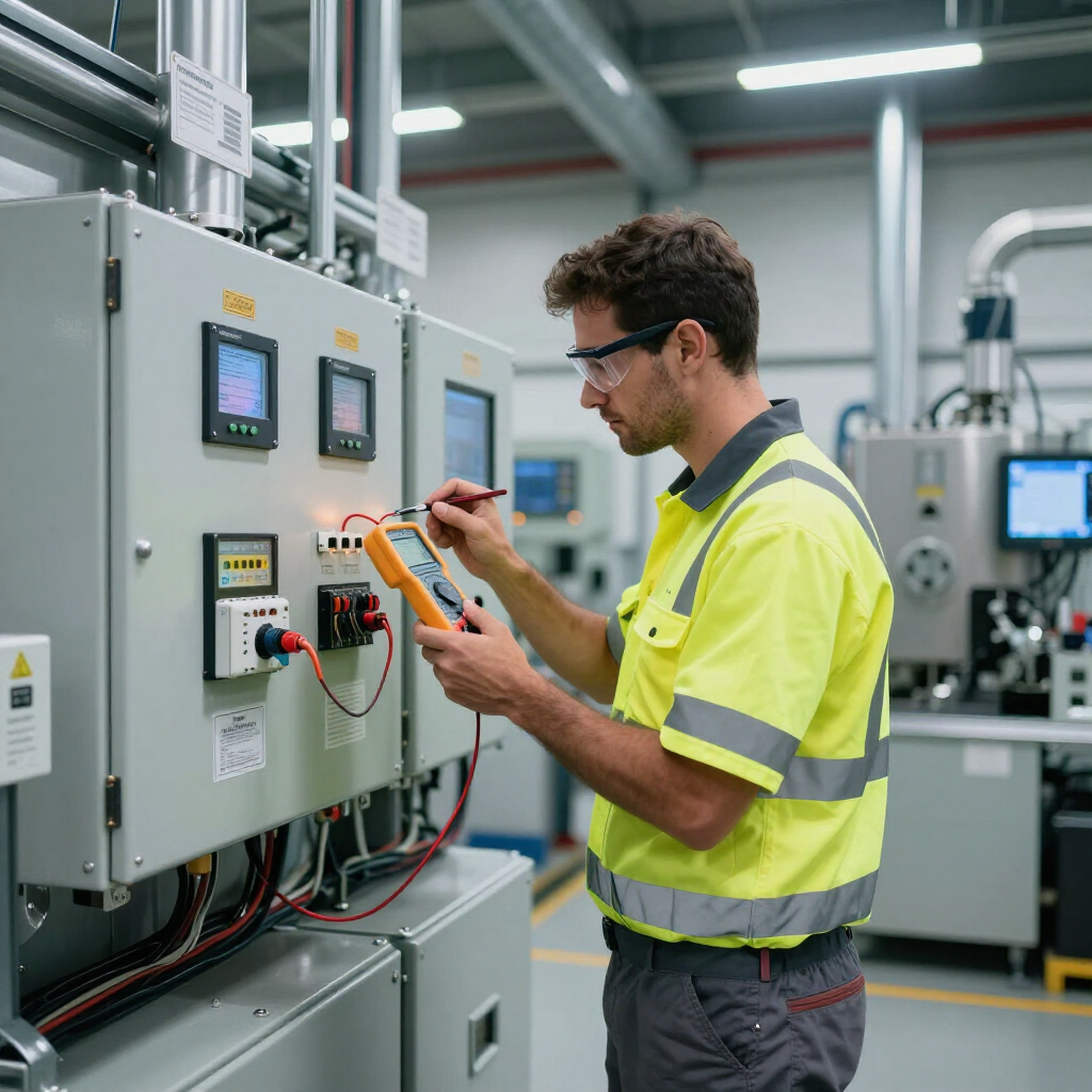Un técnico que lleva un chaleco de seguridad amarillo fluorescente prueba los componentes eléctricos de un panel de control en una instalación industrial.