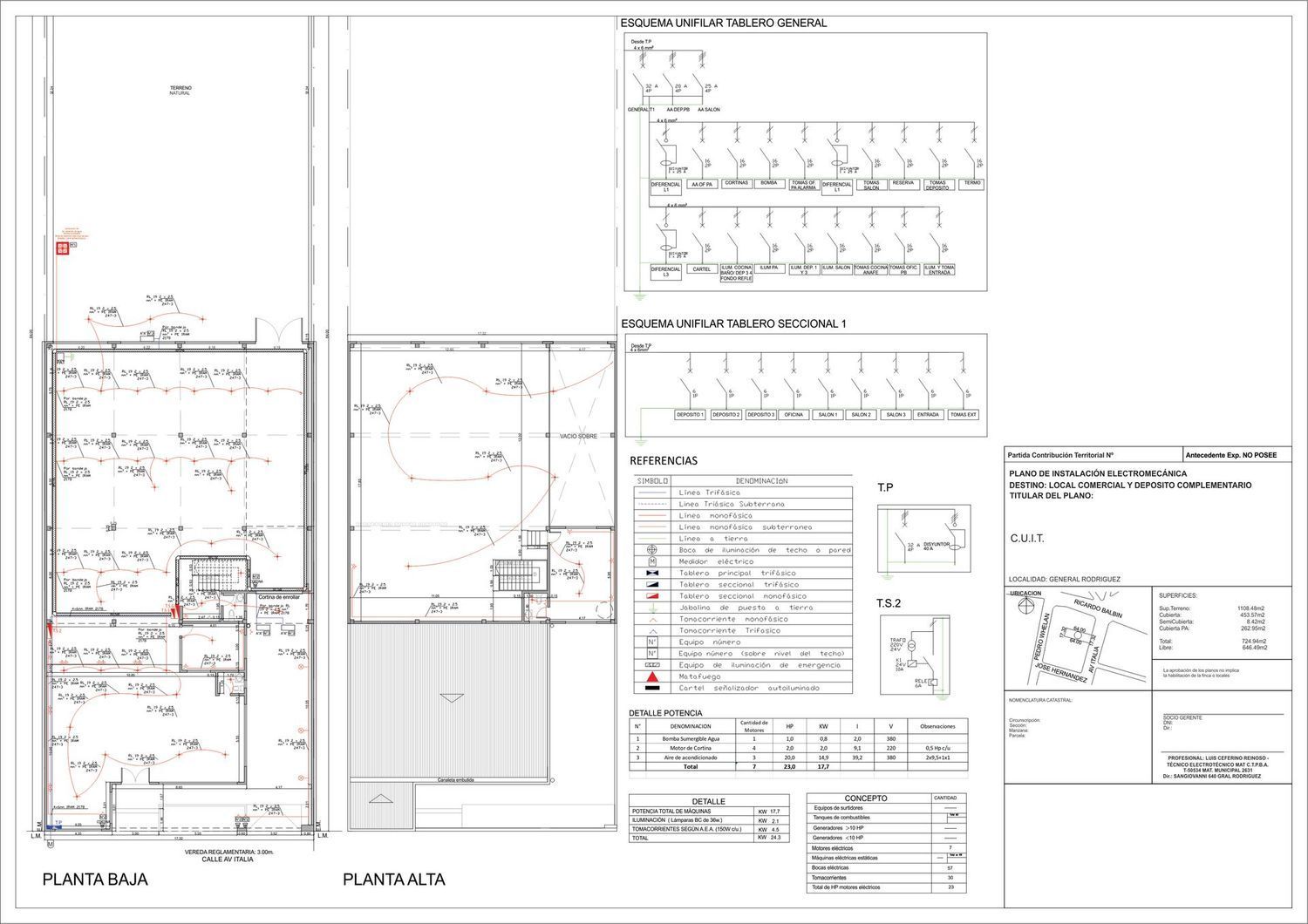 Planos arquitectónicos técnicos de planta baja y primera planta con diagramas de circuitos eléctricos y datos del proyecto.