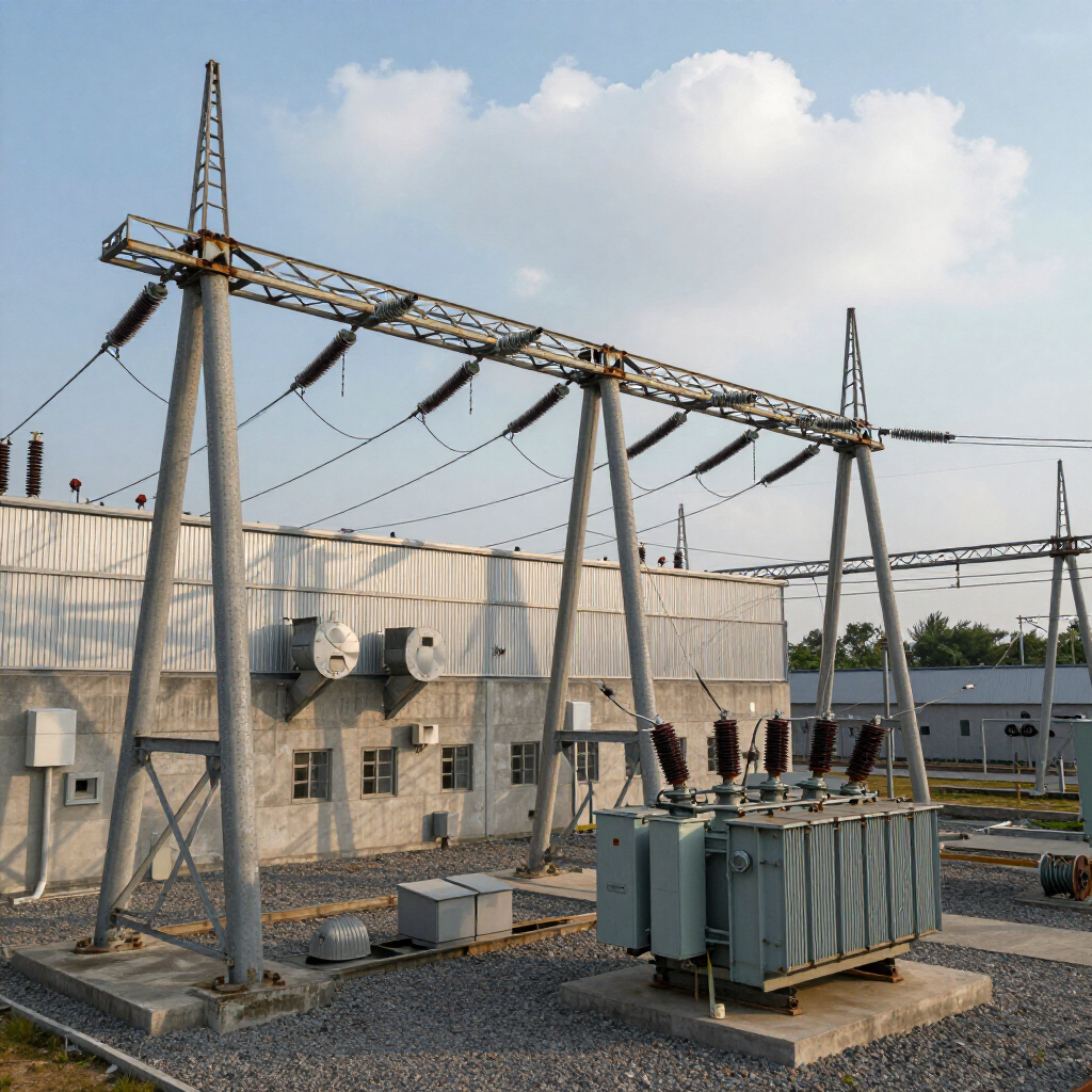 Una subestación eléctrica con un gran transformador metálico, torres de soporte y líneas eléctricas contra un cielo azul despejado.