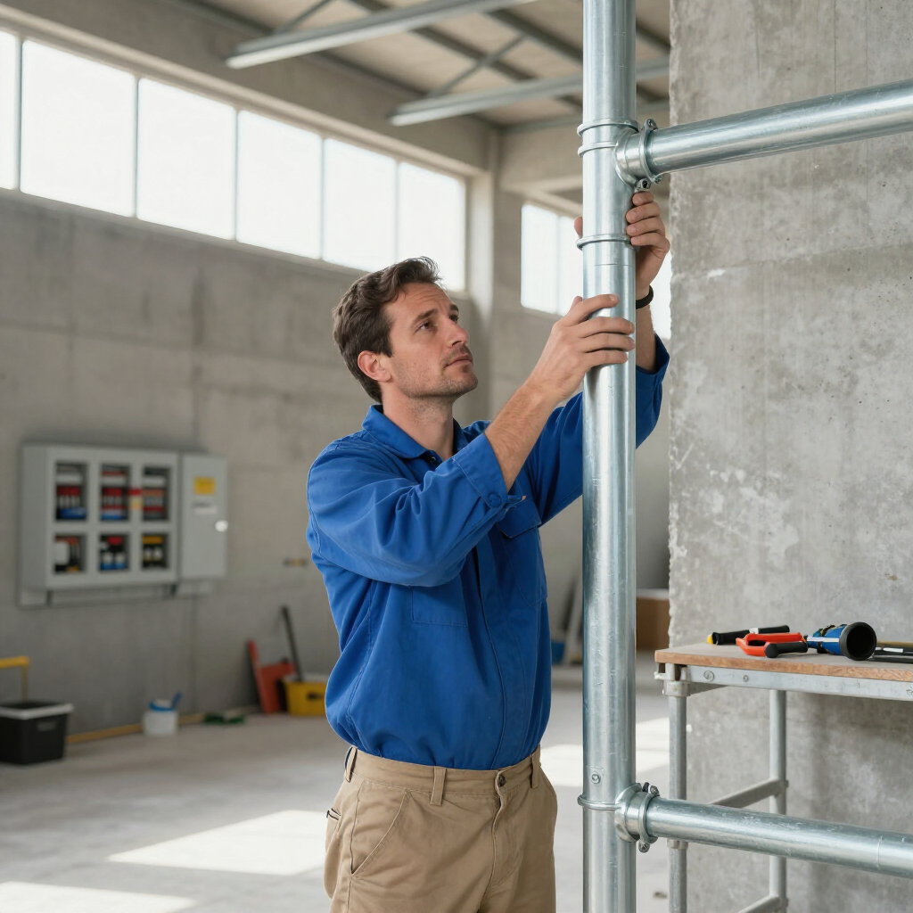 Una persona con una camisa azul ajusta los tubos de un andamio metálico dentro de un edificio industrial en construcción.