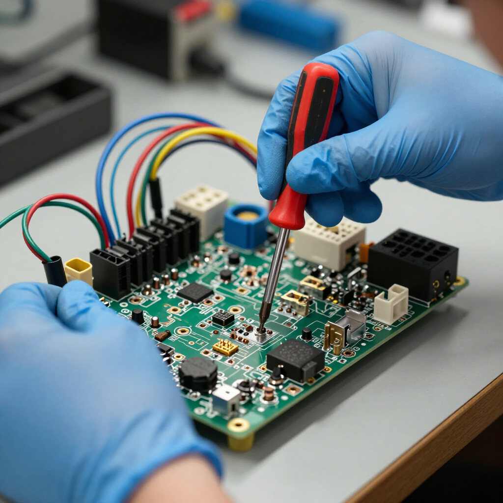Unas manos, protegidas con guantes de nitrilo azules, utilizan un pequeño destornillador para ajustar un componente en una placa de circuito electrónico verde.