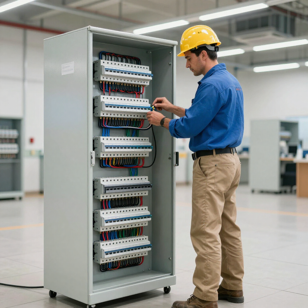 Un trabajador con casco y camisa azul instala el cableado eléctrico en un gran panel de control metálico que se encuentra en el suelo.