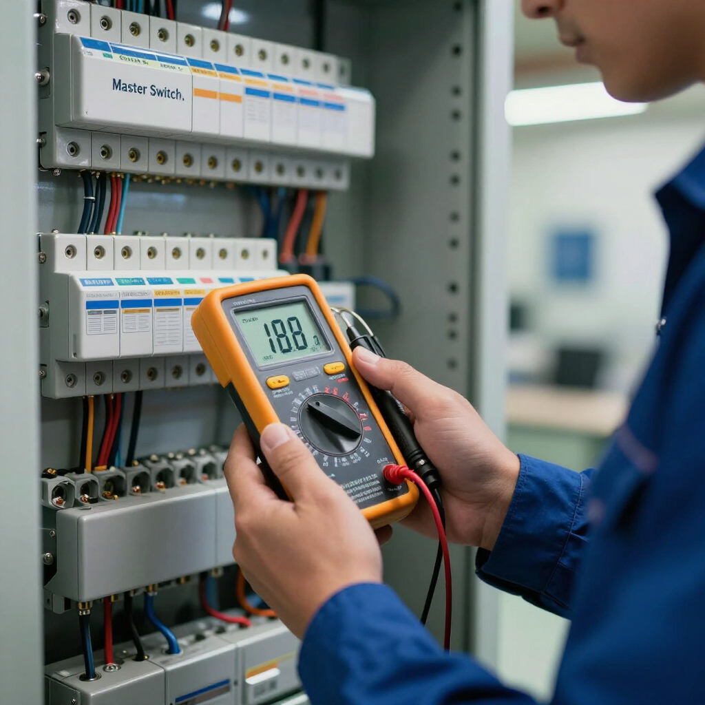 Un técnico con uniforme azul utiliza un multímetro amarillo para probar un panel de disyuntores.