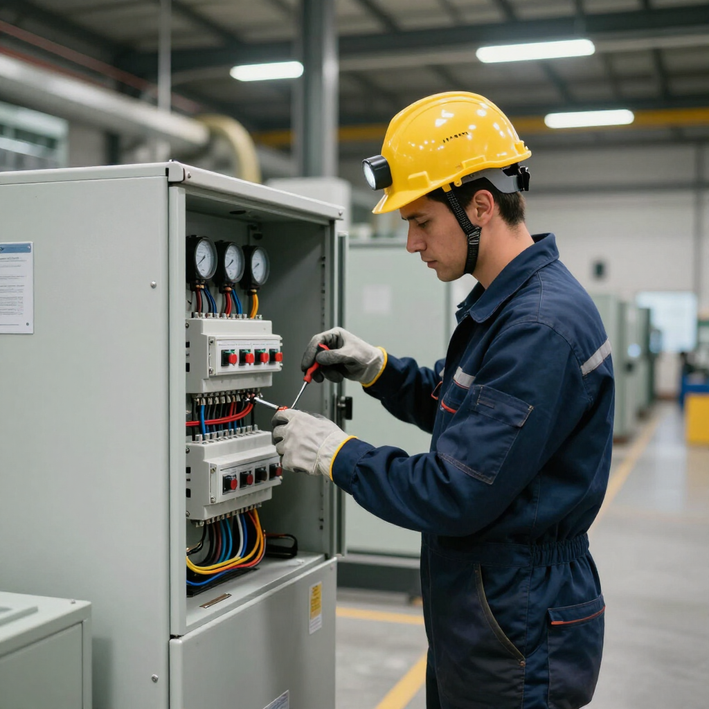 Un técnico con casco y uniforme utiliza un destornillador para trabajar en el cableado dentro de un panel eléctrico industrial.