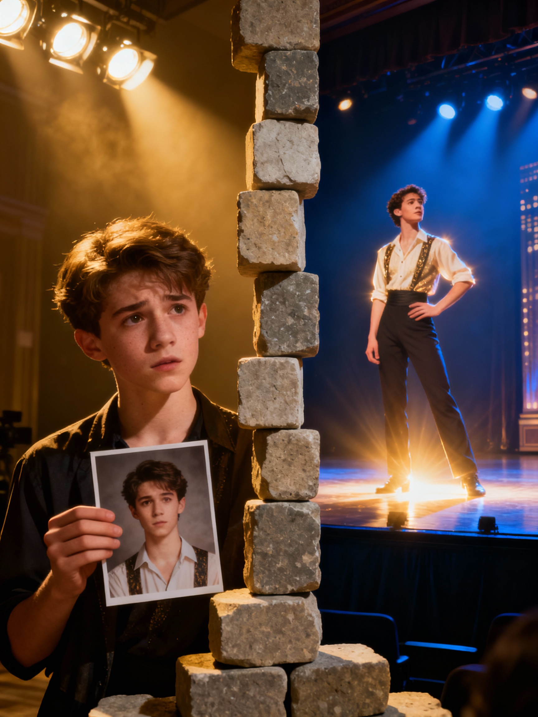 performer on a stage in spotlights