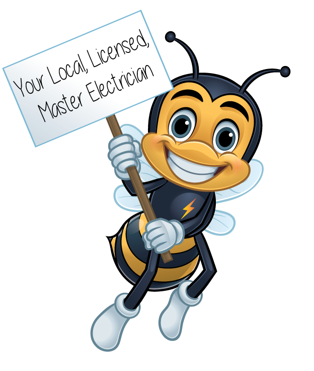 Smiling cartoon bee character dressed as an electrician with a tool belt, helmet, and a sign saying 'Your Local, Licensed Master Electrician', promoting professional electrical services.