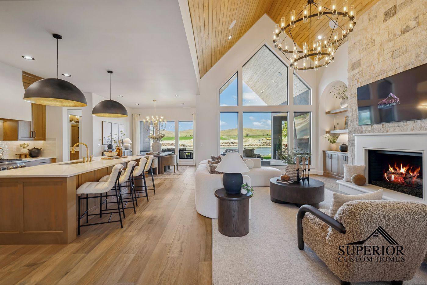 A living room filled with furniture and a fireplace.